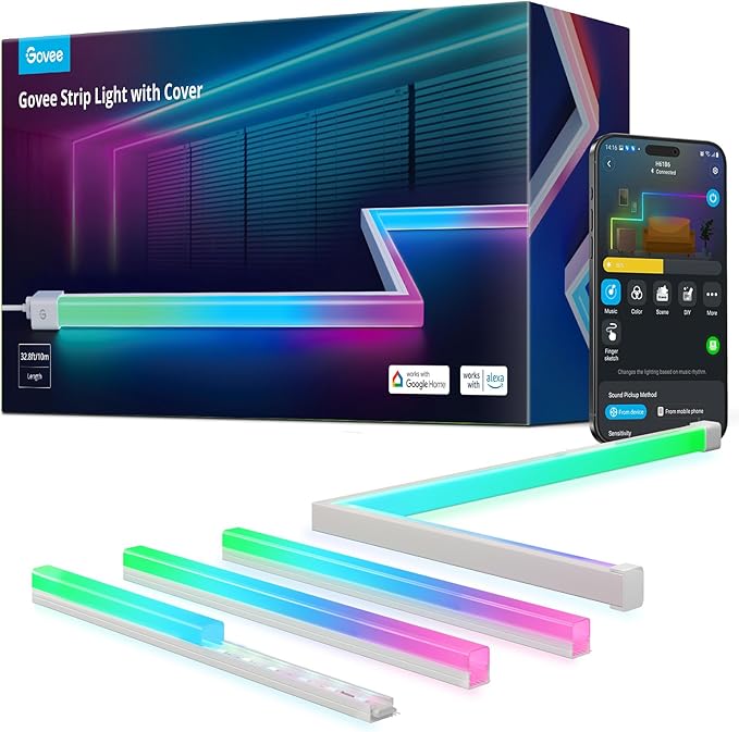 Govee RGBIC LED Strip Lights 32.8ft with Covers, Smart Lights Work with Alexa and Google Assistant, LED Diffuser Channel w...