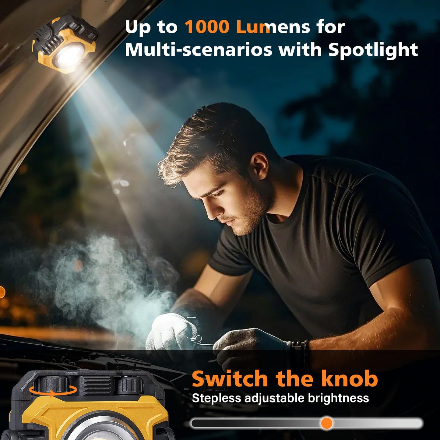 Samyoung 2 Pack 2400LM Magnetic Rechargeable Work Light, 28 Hours Long Lasting Stepless 2700-8000K White & Warm Bright Portable LED Work Light, Ultralight 360°Rotating with Hook(Yellow)