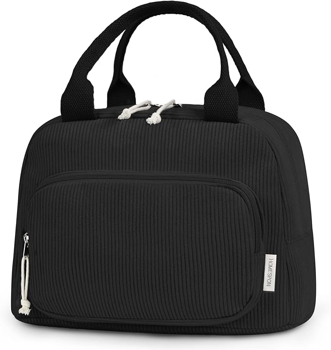 HOMESPON Lunch Bag for Women Men Adults with Front Pocket Cute Corduroy Insulated Lunch Tote Large Capacity Lunch Box Cooler Container for Work Picnic or Travel (Black)