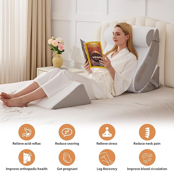 Orthopedic Bed Wedge Pillow Set 4PCS, Wedge Pillow Set for Back Pain Relief, Sitting up in Bed, Post Surgery, Acid Reflux, Snoring&GERD, Body Pillow for Sleeping,Leg,Neck,Shoulder Support, White/Grey