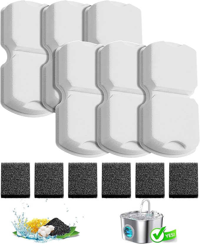 HOOISE Cat Water Fountain Filter Replacement: 6Pack Pet Fountain Filters of 6 Carbon Filters & 6 Sponges - Use for HOOISE ...