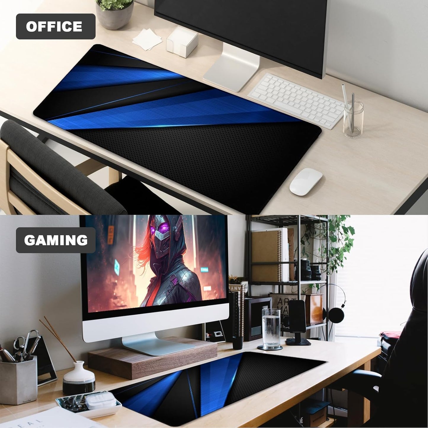 Desk Pad, Large Gaming Mouse Pad,Extended Keyboard Mouse Mat 35.4 X 15.7 Inch Desk Pad with Non-Slip Rubber Base & Stitched Edge for Computers Laptop Desk Home Office Accessories,Black Blue