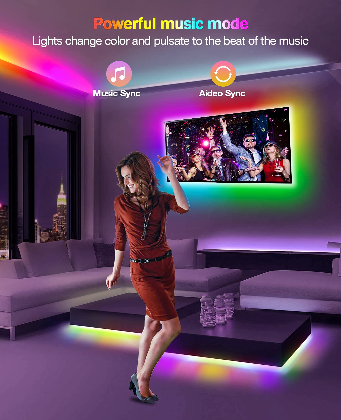 Daymeet TV LED Backlight, 13.1ft RGB USB Strip Lights, Dreamcolor, Sync with Music, Bluetooth APP Control, for 45-60inch TV/Monitor