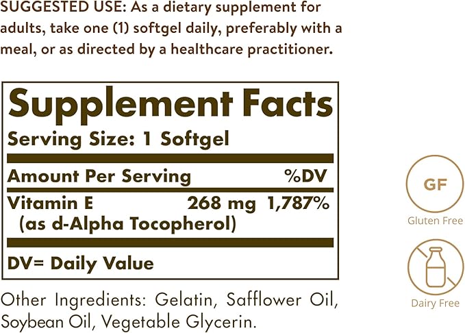 Solgar Vitamin E 268 mg (400 IU), 360 Alpha Softgels - Natural Antioxidant, Skin & Immune System Support - Naturally-Sourced Vitamin E - Gluten Free, Dairy Free - 360 Servings