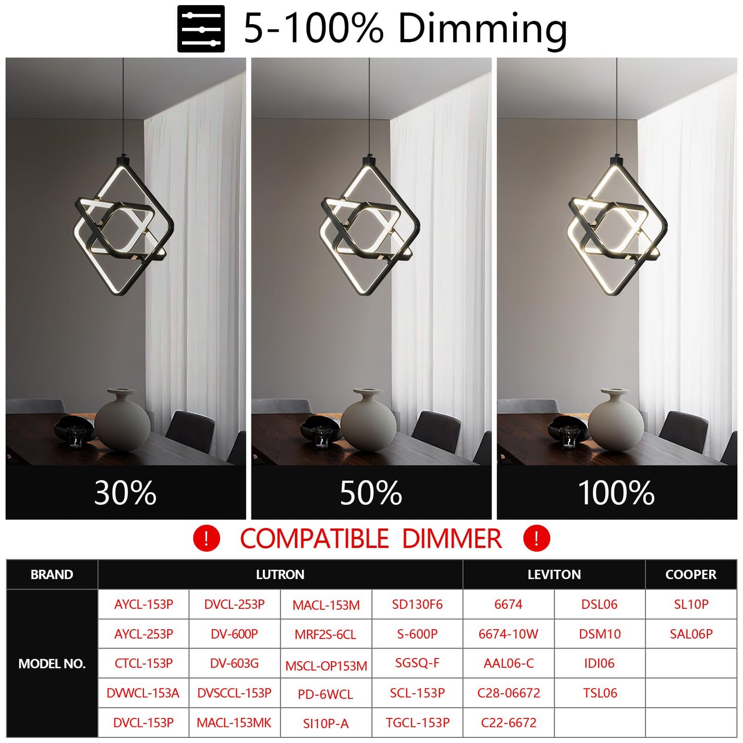 Bnhhlz Modern Led Pendant Lights Plated Black Rectangular Pendant Light Fixtures 4000K 35W Dimmable Pendant Lighting For Dining Room Kitchen Island Bedroom Living Room Foyer(3-Ring)