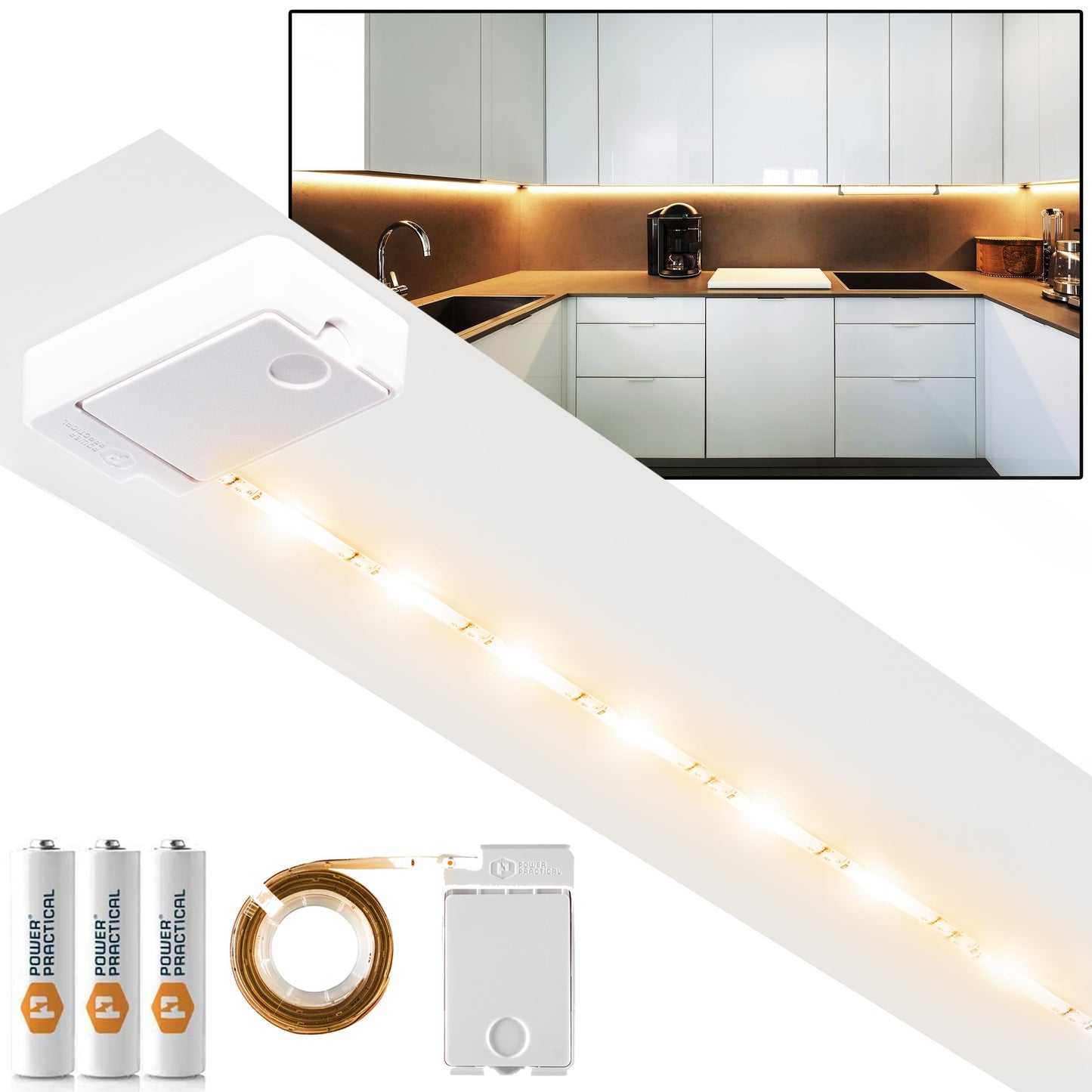 Power Practical Luminoodle Click LED Light Strip - Under Cabinet Lighting, 1-Pack, Warm Light (2700K), Model CLICKW