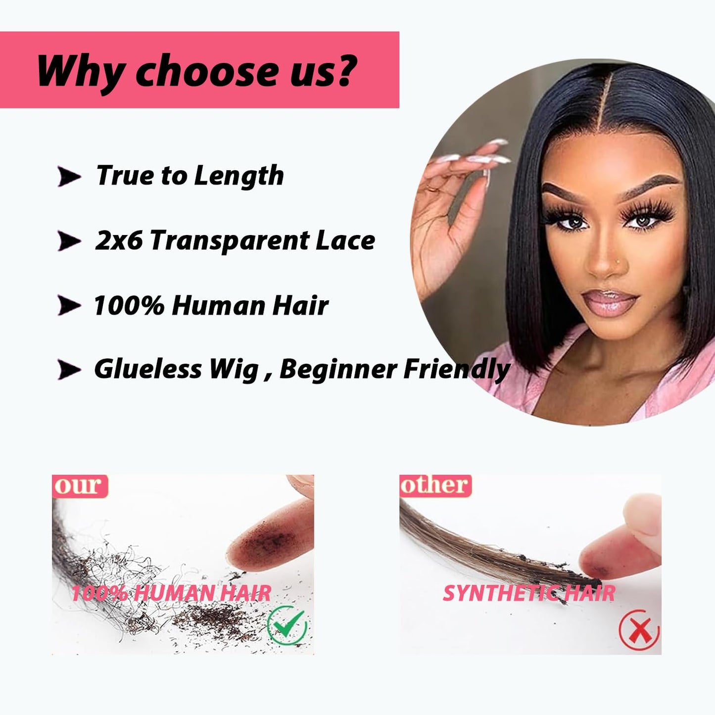 Eubeauty 2 by 6 Kim K Glueless Wigs Human Hair Pre Plucked Easy Cut 22 Inch Middle Part Preference Closure Wig Human Hair 180% W