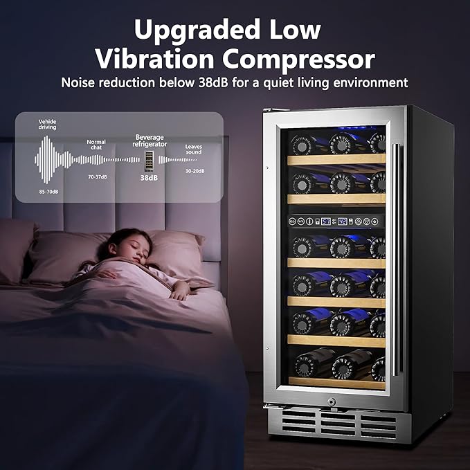 15 Inch Dual Zone Wine Fridge, 28 Bottles Under Counter Wine Refrigerator, with Removable Shelves, Double-Layer Glass Door, Wine Cooler for Built-In or Freestanding, for Home/Commercial