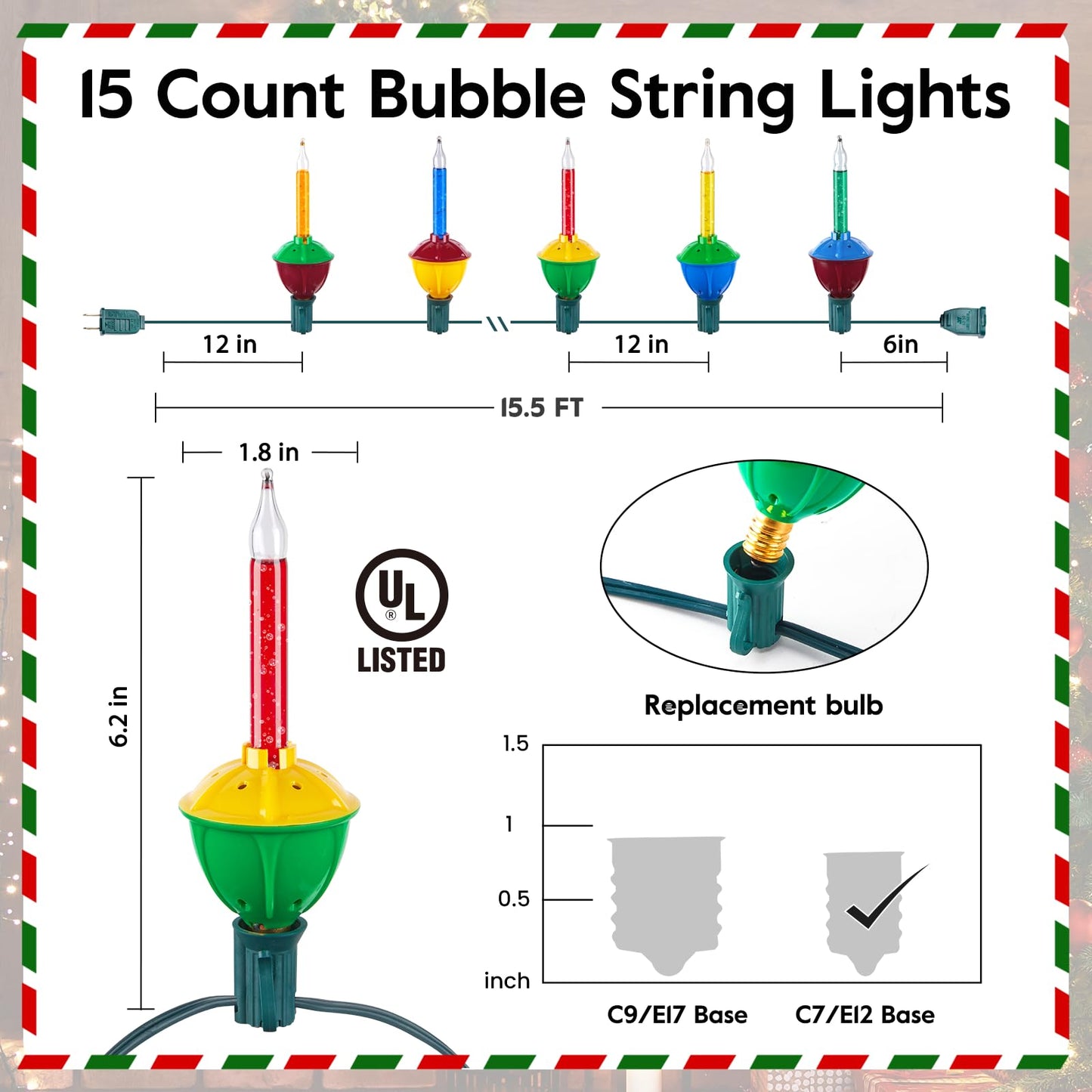 Brightown Christmas Bubble String Lights - 15 Count, Warm White Multicolor Decorative Lights, Copper, Model GYPC-O75AU