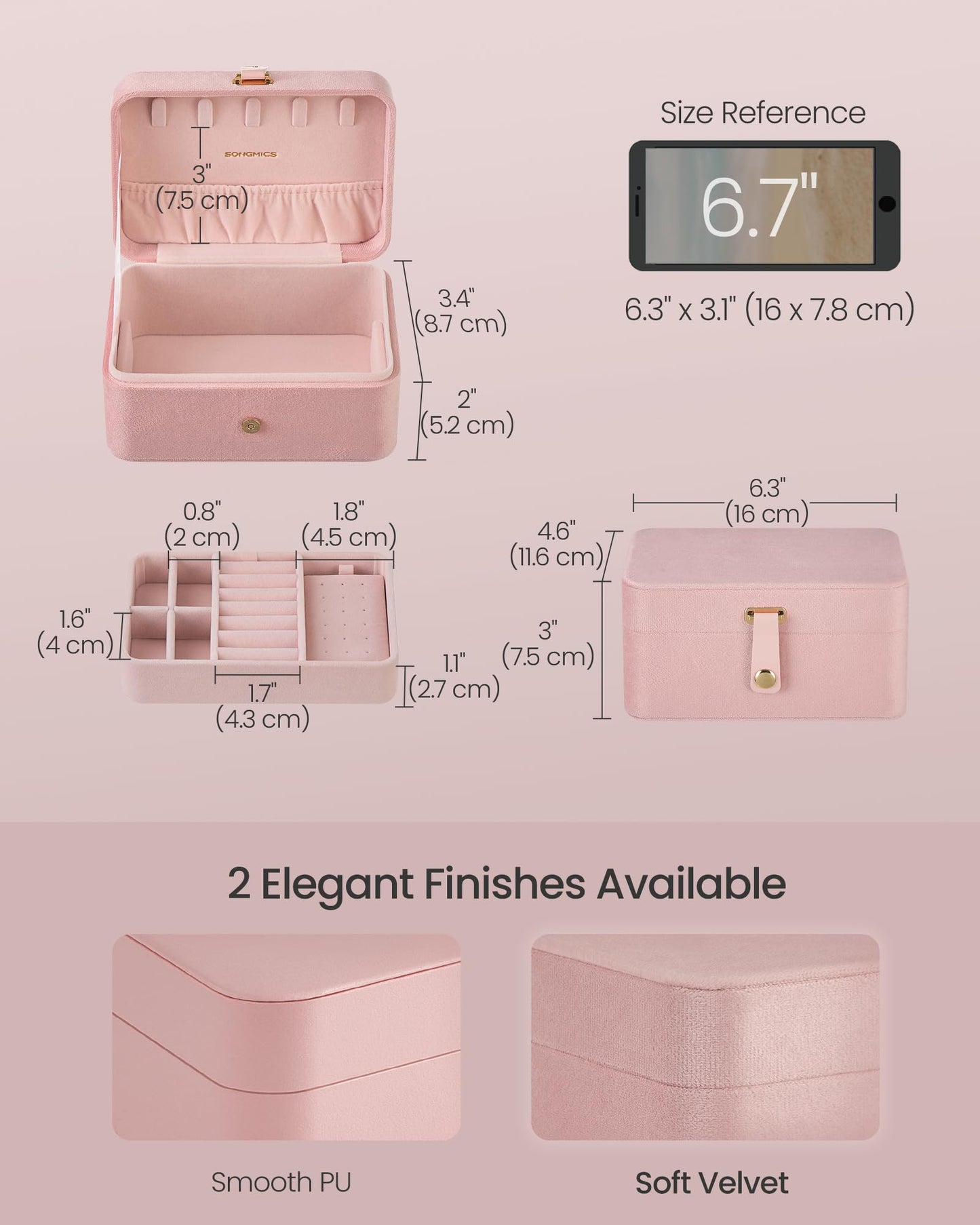 SONGMICS Jewelry Box, Travel Jewelry Case, 2-Layer Jewelry Holder Organizer, 4.6 x 6.3 x 3 Inches, Jelly Pink UJBC166R02