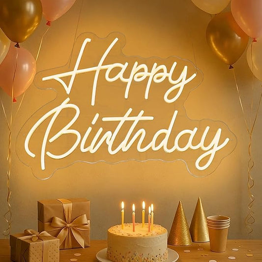HMT Happy Birthday Neon Sign for Backdrop Wall Decor Large Size 22×16.9 Inch Happy Birthday LED Neon Lights for Birthday P...