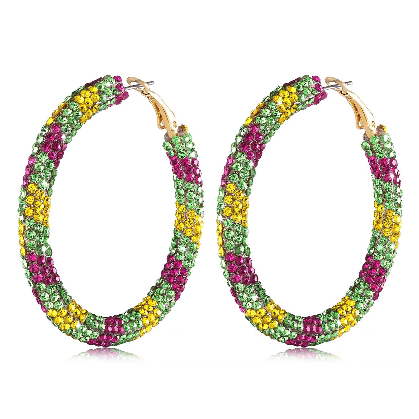NLCAC Mardi Gras Earrings Sparkle Resin Rhinestone Wrapped Hoop Dangle Earrings for Women (Mardi Gras Purple Green Yellow)