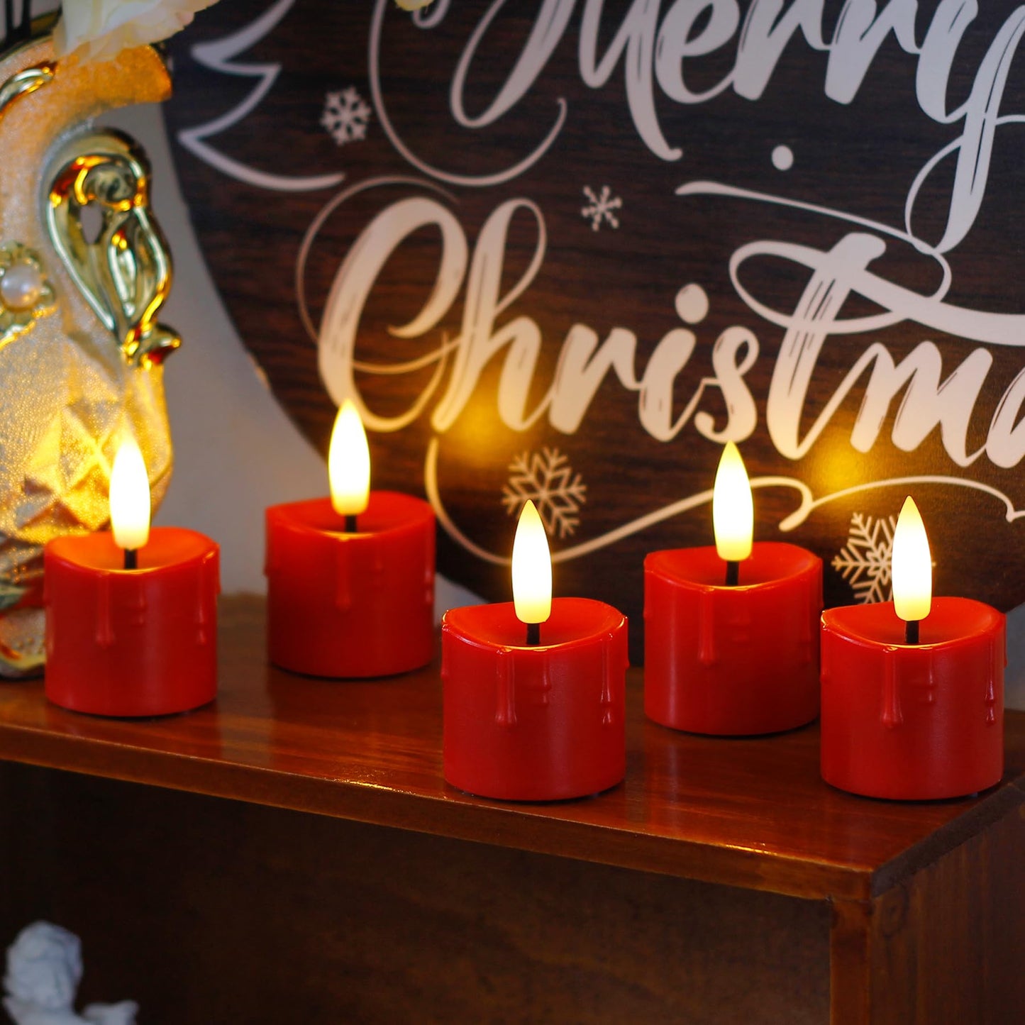 Yeelida Rechargeable Flameless 1.6" x2.5" Tea Light Candles with Remote & Type-C Charging Cable, Timer LED Flickering Burgundy Plastic 9pcs Mini Dripping Wax Votive Tealight Candles