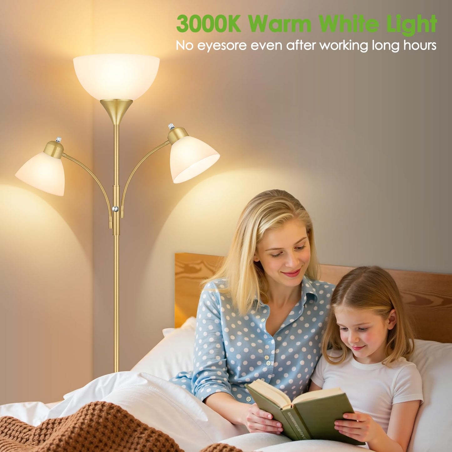 Coucrek Floor Lamp with 2 Reading Lights, 72in Dimmable Torchiere, Gold, Model HD-FL8001, Metal, 3 Bulbs Included