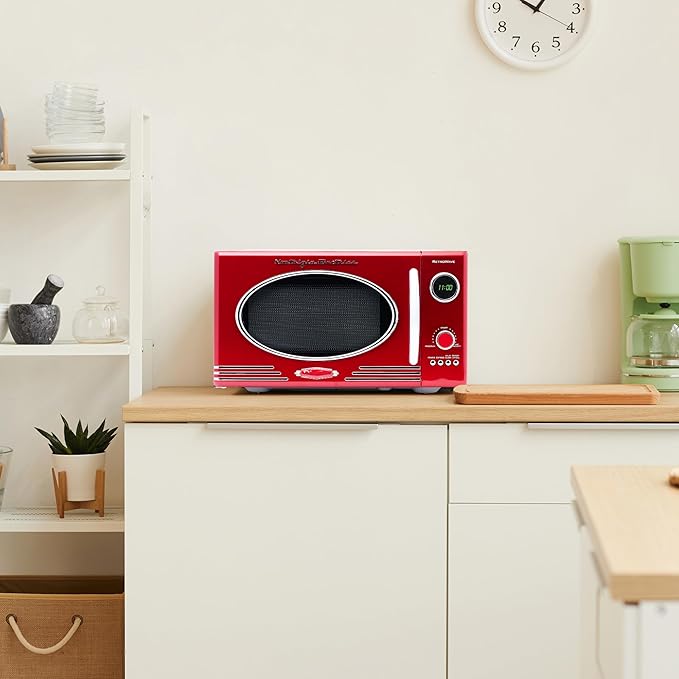 Nostalgia RMO4RR Retro Large 0.9 cu ft, 800-Watt Countertop Microwave Oven, 12 Pre-Programmed Cooking Settings, Digital Clock, Easy Clean Interior, Metallic Red