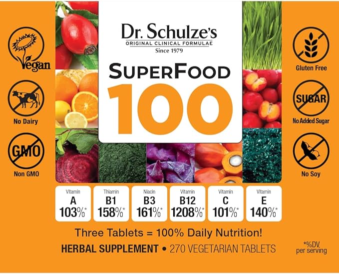 Dr. Schulze's Superfood 100 | Vitamin & Mineral Herbal Concentrate | Dietary Supplement | Daily Nutrition & Increased Energy | Gluten-Free & Non-GMO | Vegan & Organic | 270 Tabs