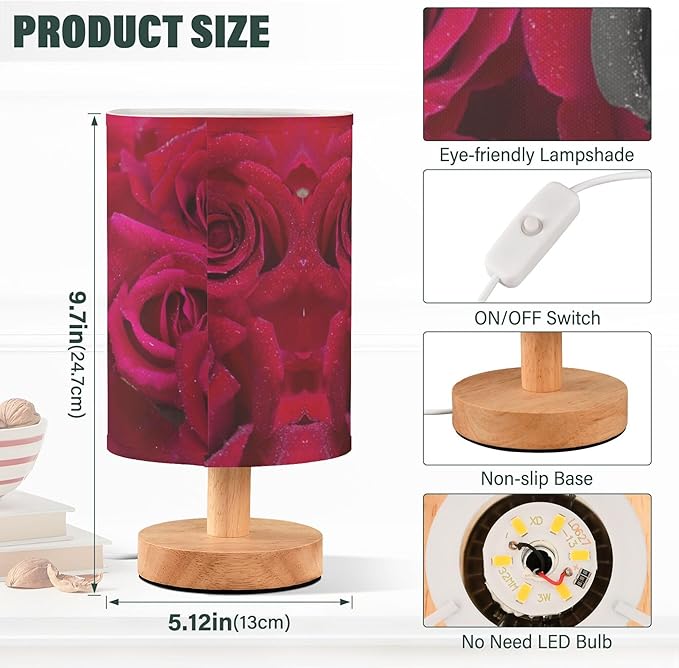 Table Lamp Black Rose in Red Roses Flower with Water Drops Valentines Day Nightstand Lamp with Wood Base Fabric Lamp Shade Bedside Desk Lamp for Living Room Bedroom Kids Room Office
