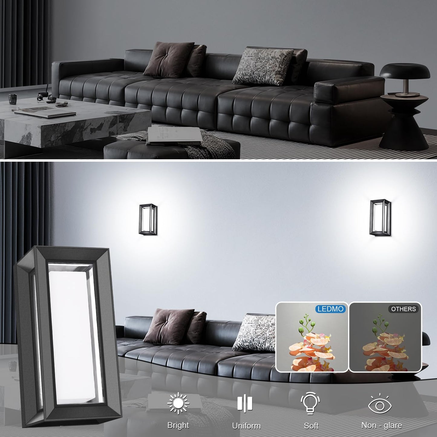 ledmo Outdoor Wall Lights Fixture, 6000K, 1800LM, Waterproof, Aluminum, Black, Model 1289F, 6 Pack