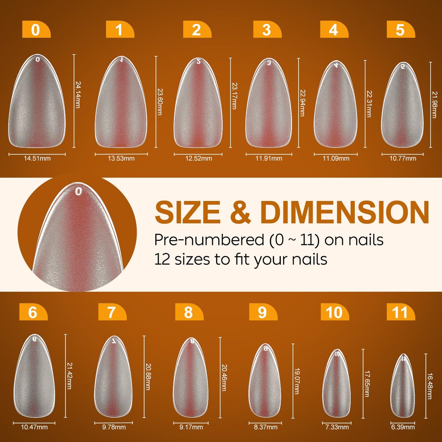 Nicedeco Gel Nail Tips Medium Almond Etch X Nail Tips, 10 Sizes 500 PCS Matte Full Cover False Nails Clear Acrylic Nails Glue on