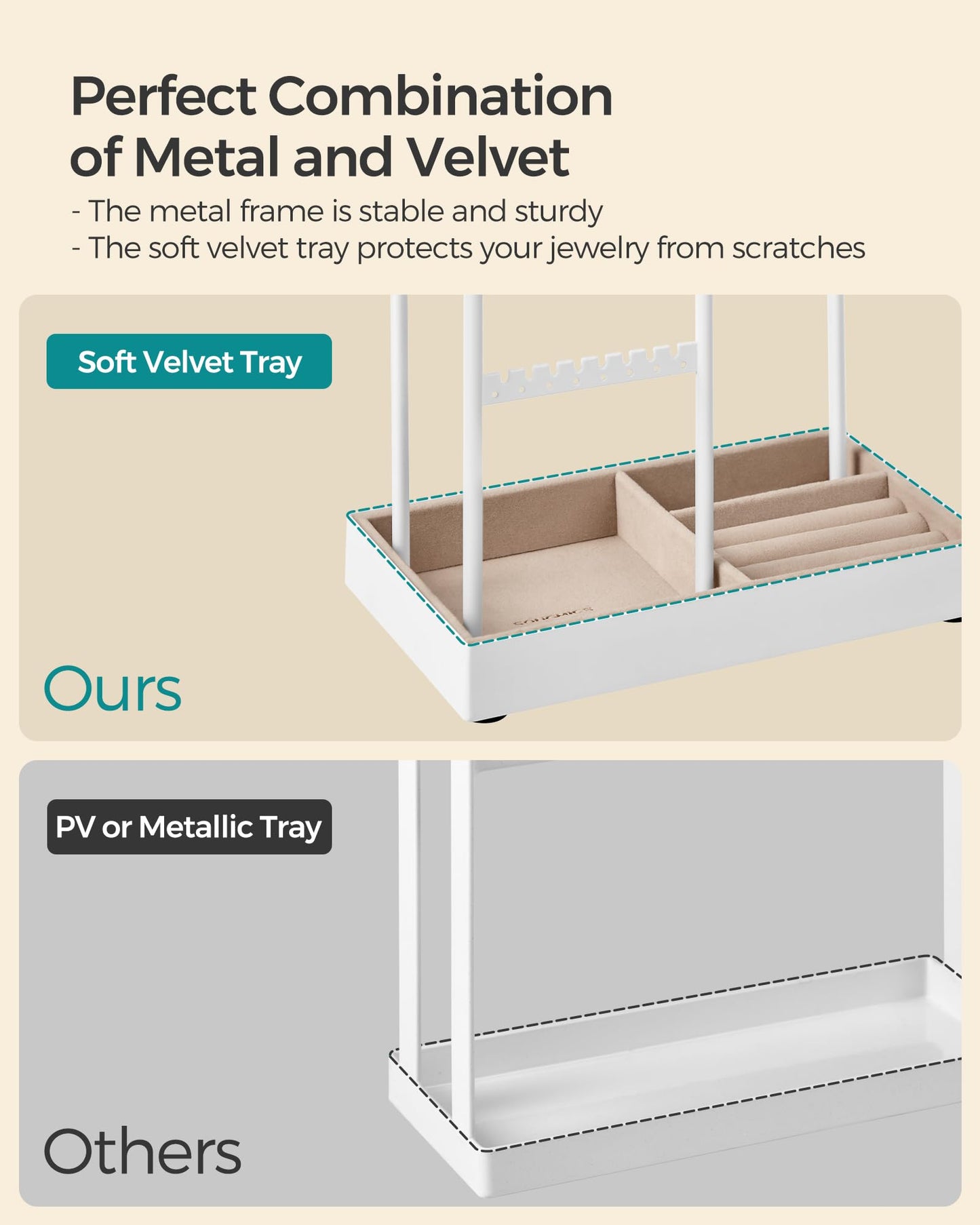 SONGMICS Jewelry Holder, Jewelry Organizer, Jewelry Display Stand with Metal Frame, Velvet Tray, Necklace Earring Bracelet Holde