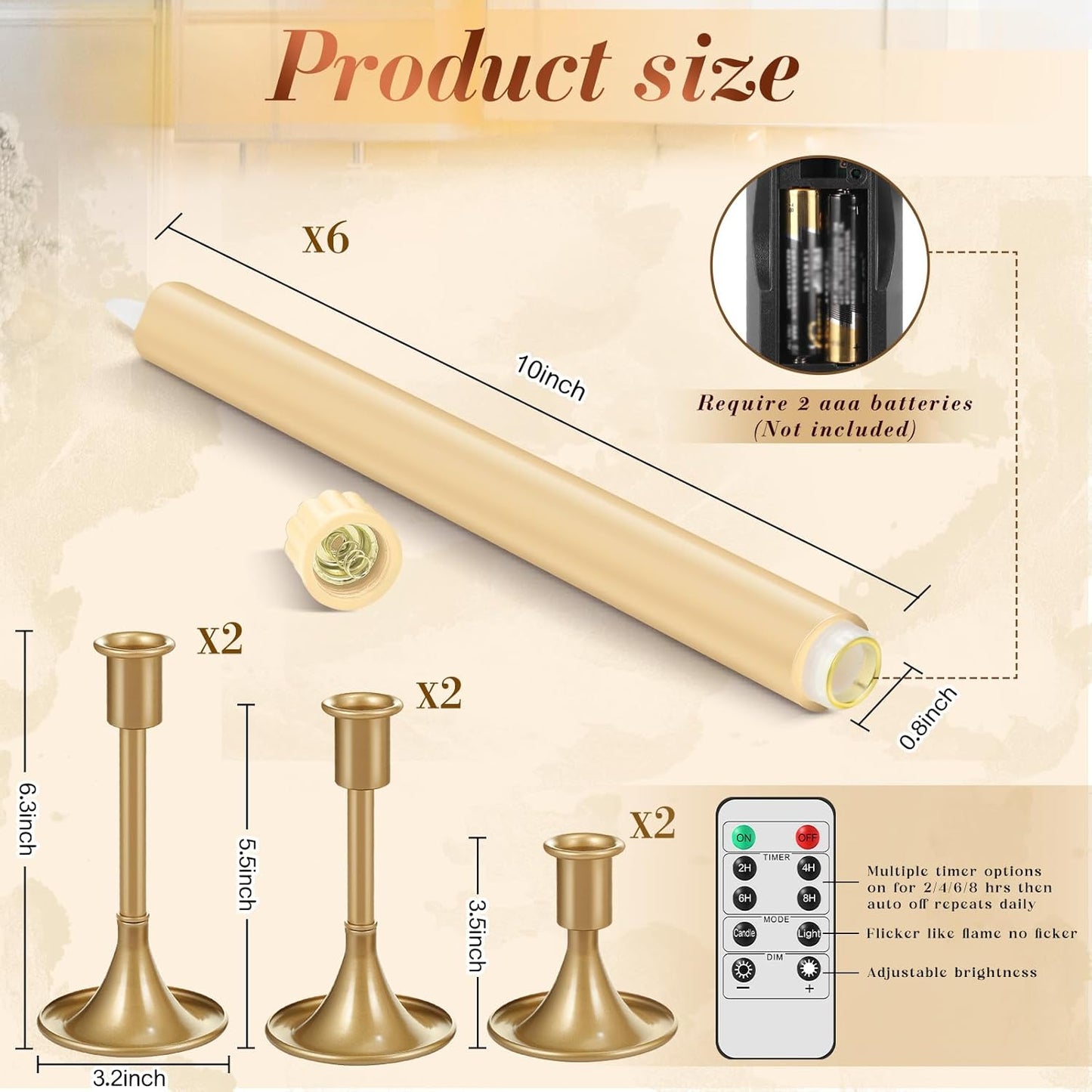 Retisee 6 Pack Taper Candles Holder Set, Candlestick Holders and 10 in Led Taper Candles with Remote Timer Flameless Candles for Holiday Wedding Table Decor(Ivory)