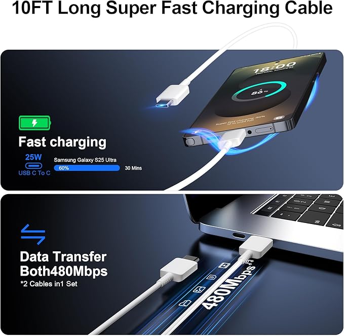 Type C Charger Fast Charging for iPhone 17 16, 25W USB C Super Fast Charger Block with 10FT Long C Fast Charging Cable for Galaxy S25/S24/S23/Plus/Ultra, iPhone 17/16/15/Pro/Pro Max/iPhone Air 2Pack