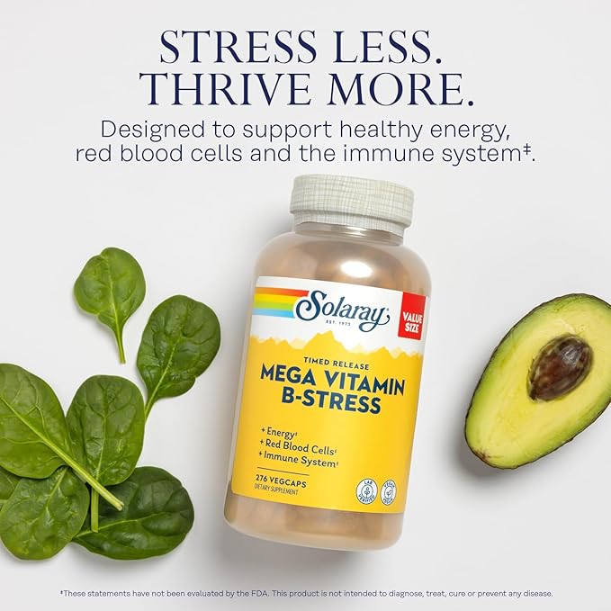 SOLARAY Mega Vitamin B Stress and Passion Flower Bundle - Timed Release Vitamin B Complex with Vitamin C - Energy, Mood and Immune Support with B6, B12, Plus Soothing Herbal Support, Vegan, 276/100ct