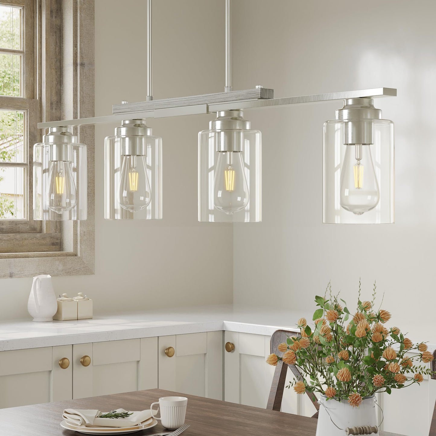 Vonluce Kitchen Island Lighting  4-Light Dining Room Light Fixture Over Table With Glass Shade And Adjustable Rods  Farmhouse Linear Chandelier For Kitchen Island  Brushed Nickel  Etl Certificated