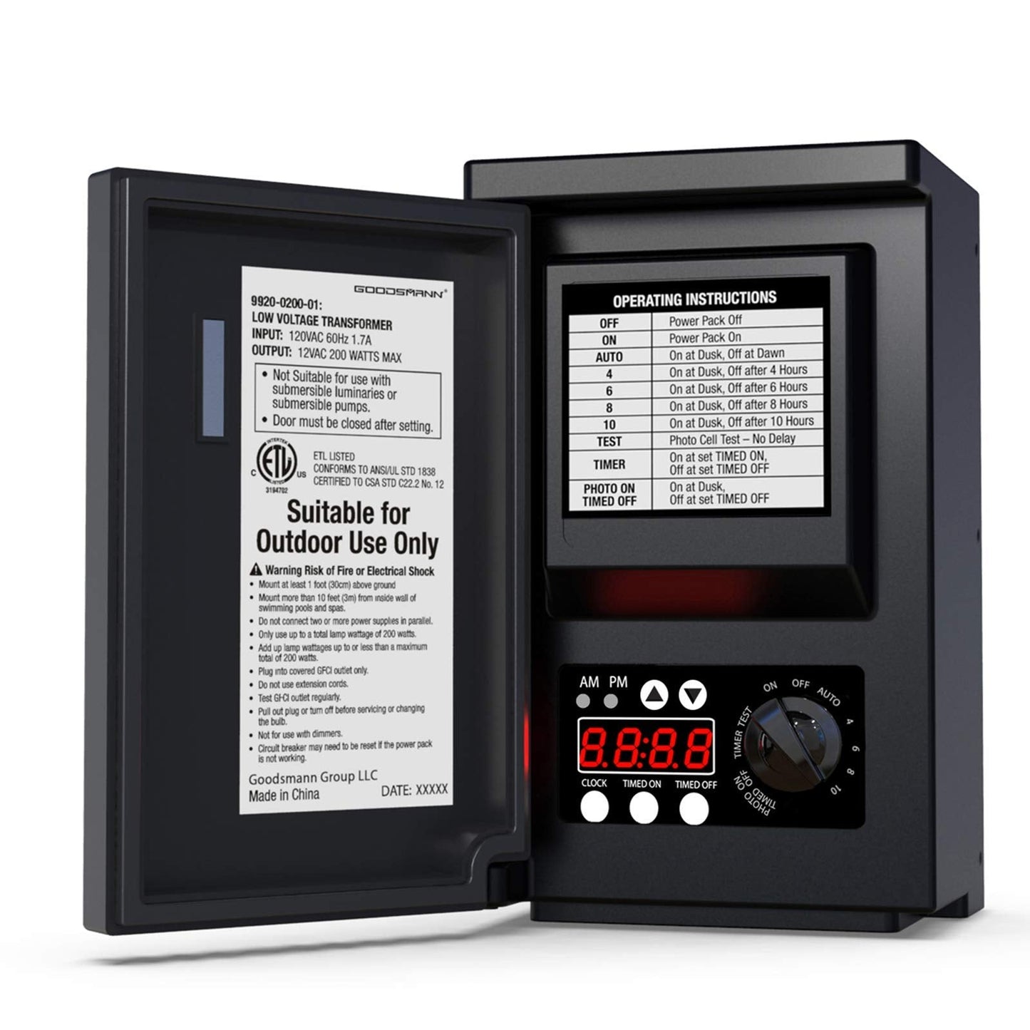 GOODSMANN Low Voltage Transformer 200W with Timer, Photo Eye Sensor, Weather Shield, 120V AC to 12V AC, Model 9920-0200-01, Black