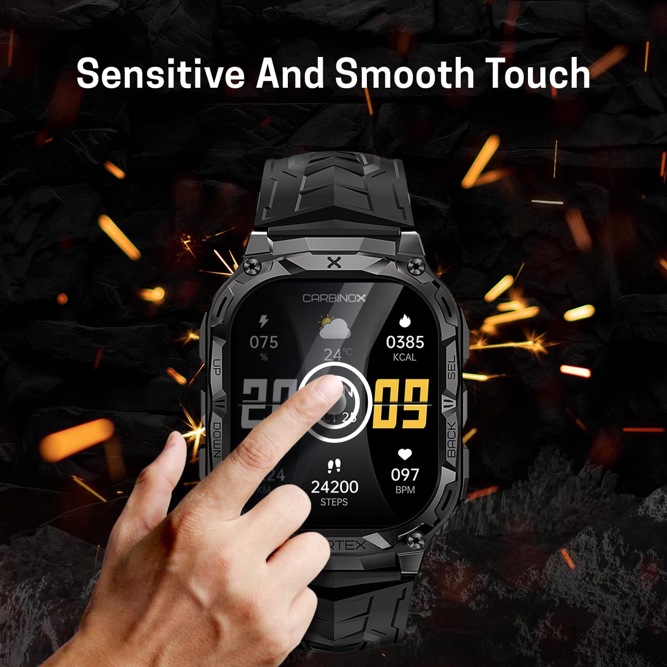 CARBINOX Vortex Smart Watch with Tempered Glass (2 Pack), Rugged Fitness Tracker IP69K Waterproof Compatible with Android and iOS Phone, 14 Days of Battery Military Durable