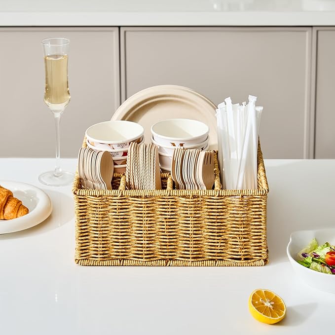 Utensil Holder for Party, Paper Plate Dispenser for Countertop, Silverware Caddy for Picnic, Cutlery Holder for Kitchen Camping Buffet, Wicker Basket with 6 Compartments