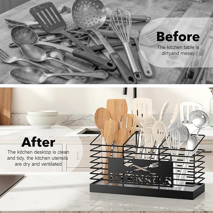 Large Utensil Holder for Kitchen Counter with Fast-Drying Diatomaceous Earth Base, Wall Mountable Metal Utensil Organizer, 3-Compartment Cooking Tools and Silverware Storage Rack, Black