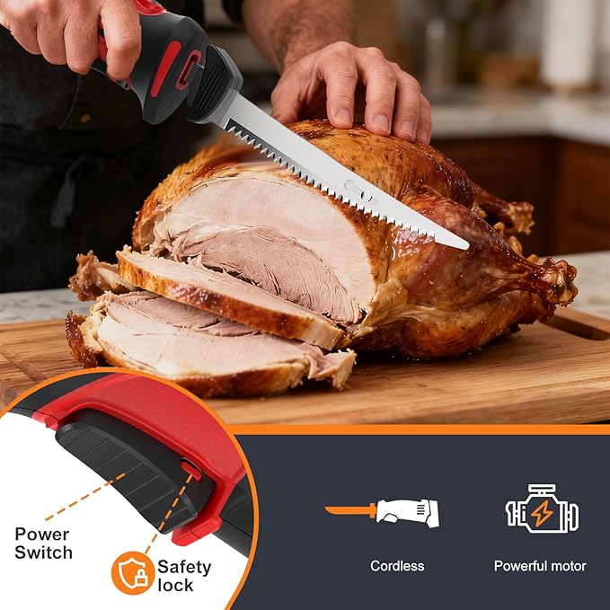 VLOXO Electric Fillet Knife-Cordless Electric Carving Knife with 2 Stainless Steel Blades Safety Lock Non-Slip Grip Rechargeable Electric Knives for Meat Slicing Turkey Bread Fish Includes Storage Case