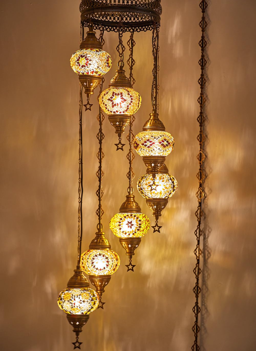 DEMMEX 7-Globe Turkish Moroccan Mosaic Chandelier, Tiffany Style, 59x14 Inches, Brown Amber, Model DEMMEX-Swag7