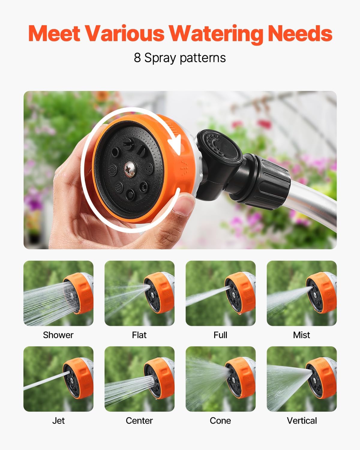 VEVOR Watering Wand, 36-Inch Extra Long Heavy Duty Garden Hose Wand with 8 Spray Patterns & 180° Swivel Head, Long Hose Nozzle Sprayer with on/off Thumb Control, Ideal for Hanging Baskets