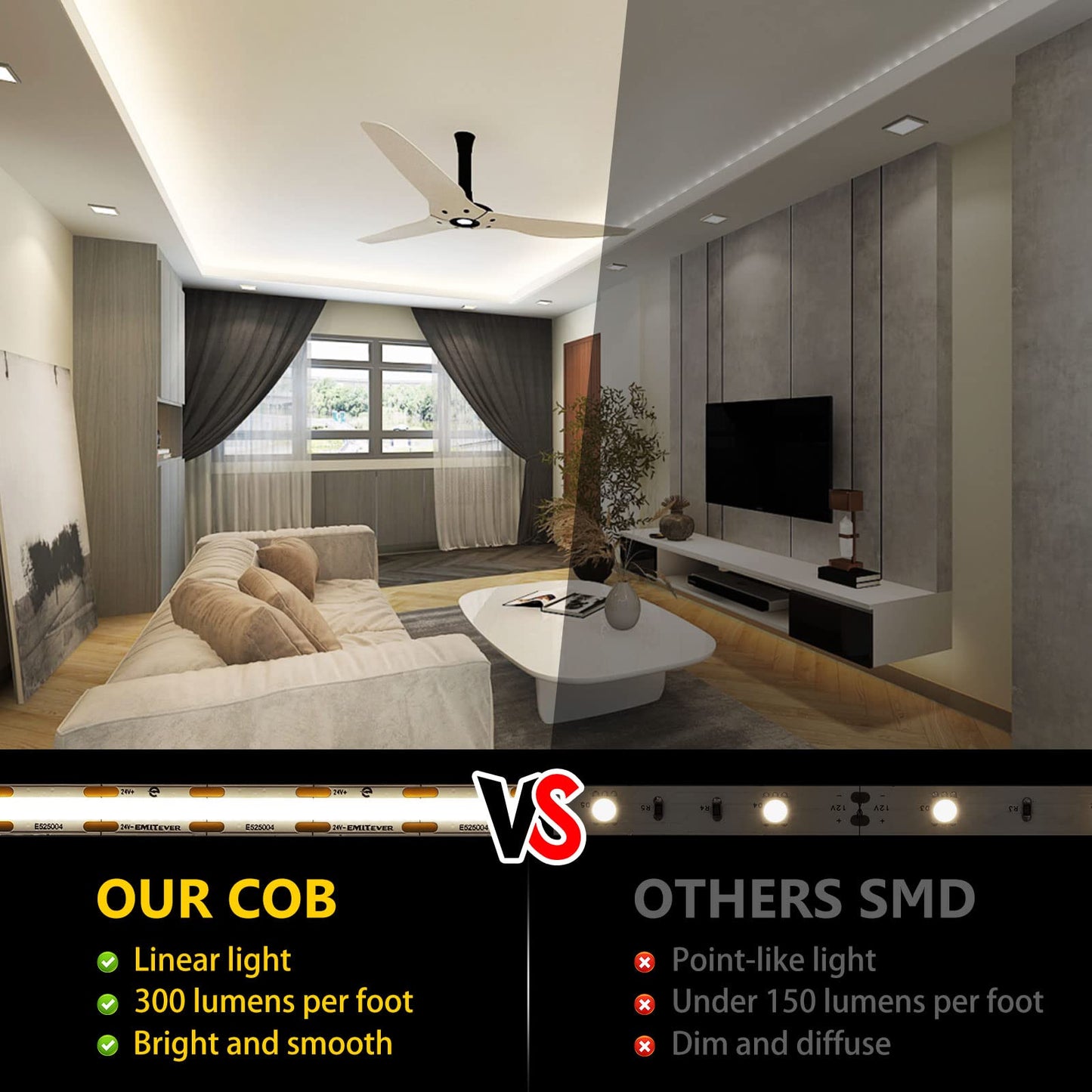 EMITEVER COB LED Strip Lights 4000K Neutral White 32.8ft 1200 LEDs 300+ Lumens/ft UL Listed 5 Year Warranty