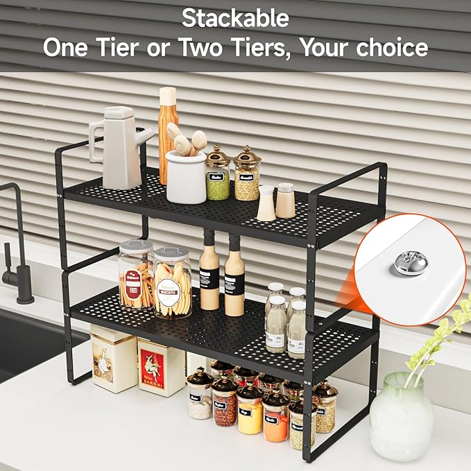 16.5-27’’L Expandable Stackable Cabinet Shelves, Adjustable Spice Rack Cabinet Shelf Organizer for Kitchen, Countertop, Pantry and Cupboard, Black