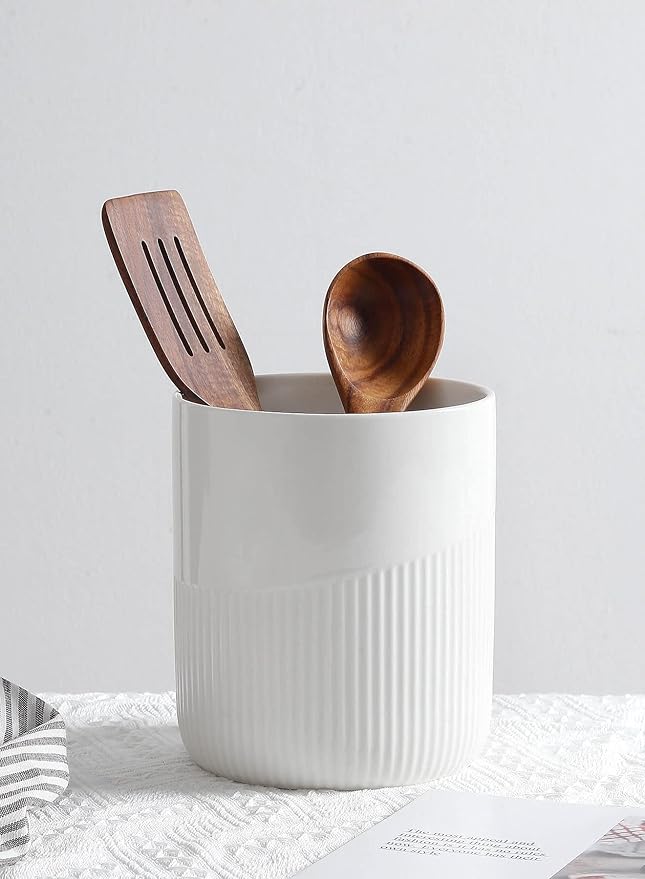 Onniyor Ceramic Kitchen Utensil Holder, 7" Large Stable Utensil Crock, Cooking Utensil Organizer for Counter, Kitchen Decor, spoon holder for countertop, Dishwasher Safe, White