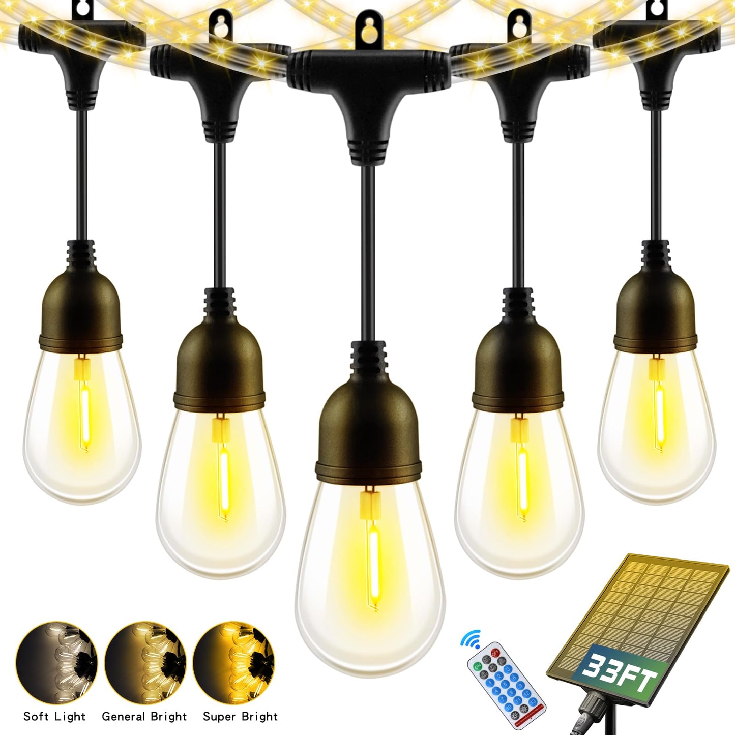 HONEYYEAR Solar String Lights - 33FT Waterproof with USB Port & Remote Control, Dimmable LED Shatterproof Bulbs, White, Model ZM-BR12L-2