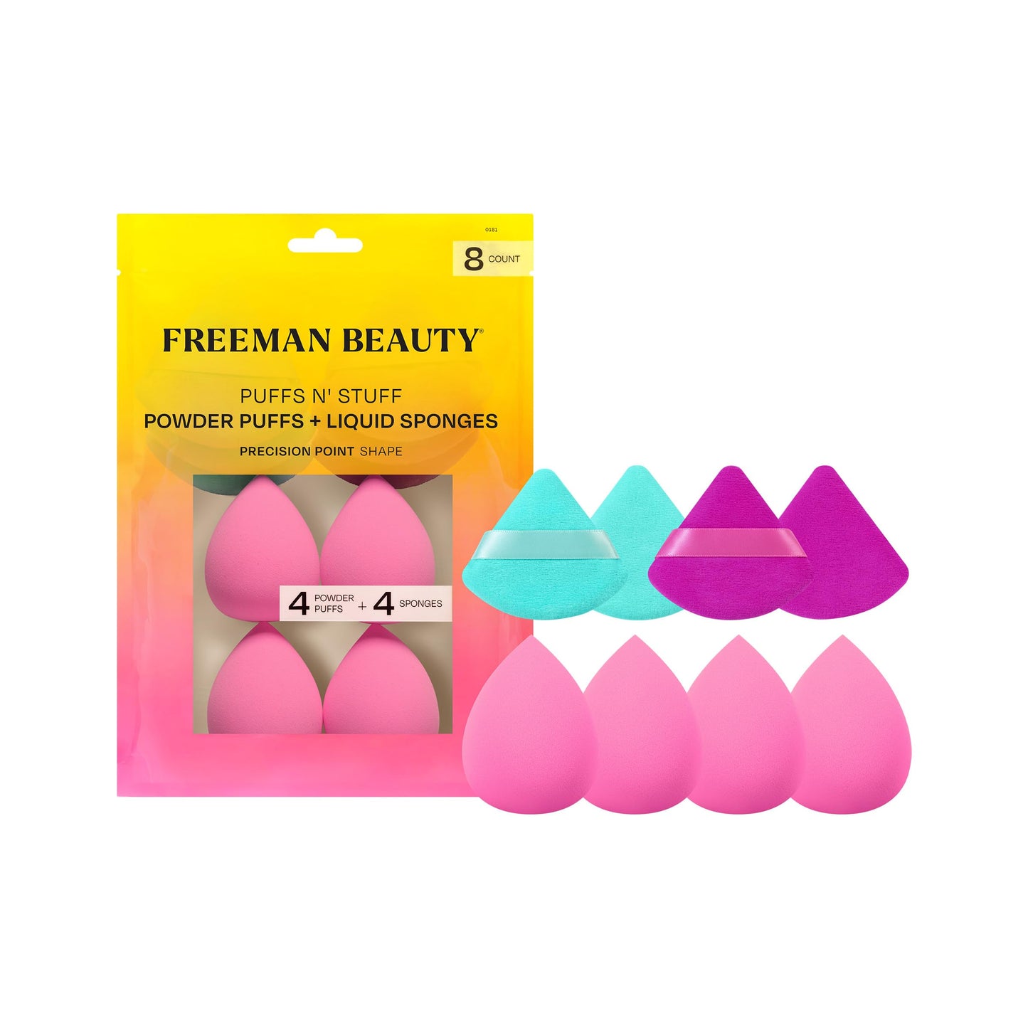 Freeman Puffs N' Stuff Powder Puffs + Liquid Sponges 8 Count Set, Makeup Blending Sponges For Liquid & Cream Foundation & Concea
