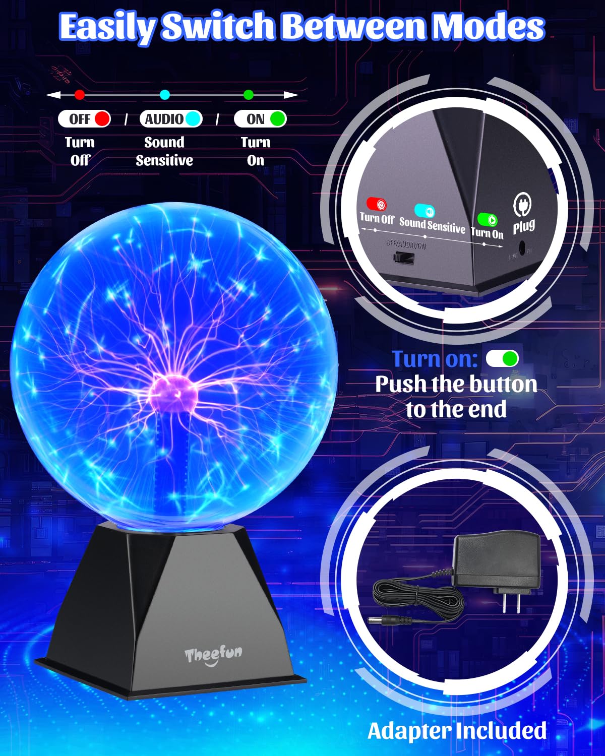 Theefun Blue Plasma Ball: 8 Inch Huge Plasma Globe Birthday Gifts Touch & Sound Sensitive Plasma Ball Lamp Electric Ball Lightning Novelty Light for Parties, Home, Prop, Room Decoration