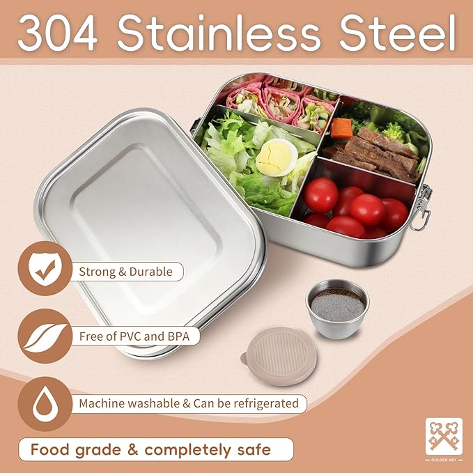 GOLDEN KEY 40QZ Stainless Steel Bento Box for Kids, 1200ml Metal Lunch Box for Kids or Adults,Stainless Steel Food Storage Containers with Lids and Lockable Clips for Travel, Work