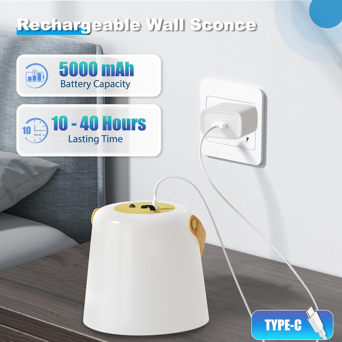 TACAHE Rechargeable Wall Sconce - Plastic - 3 Color Temp, 5 Brightness - Remote Control - Set of 2 - Gold - Model TCH-BOWS05-5000