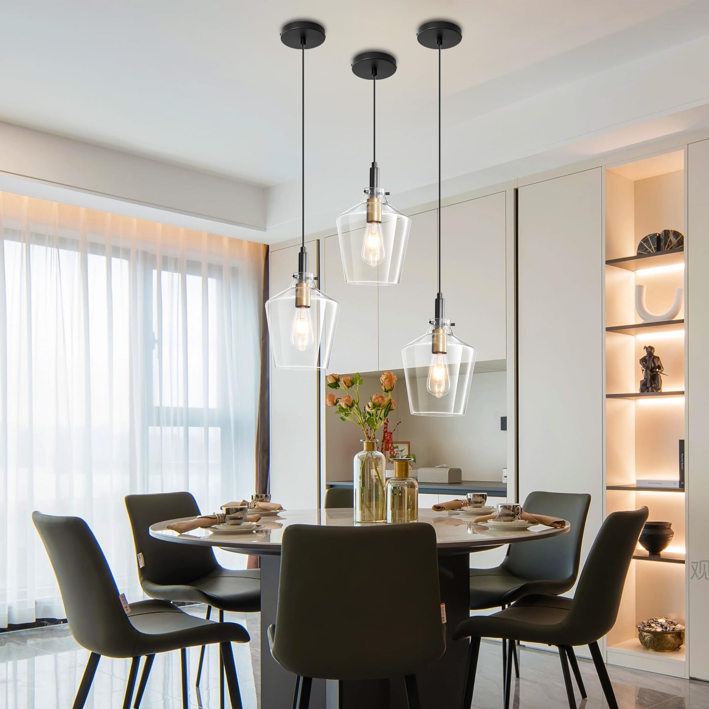 Vaziden Modern Glass Pendant Lighting For Kitchen Island 2 Pack  Farmhouse Black And Gold Pendant Light Fixtures  Adjustable Hanging Ceiling Light  Angled Clear Glass Shades 8 Inch