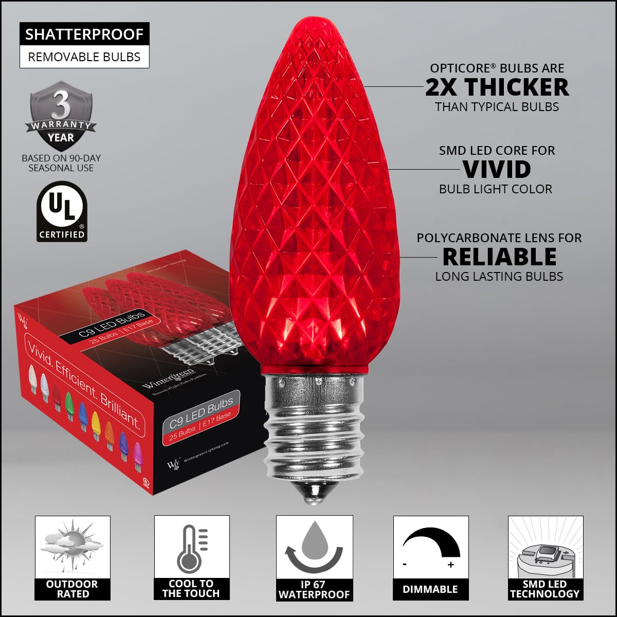 Wintergreen Lighting 25 Pack Opticore Led Red C9 Christmas Light Bulbs - Shatterproof Valentine Lights E17 Base  Heavy Duty Polycarbonate Led Replacement Bulbs (Faceted)