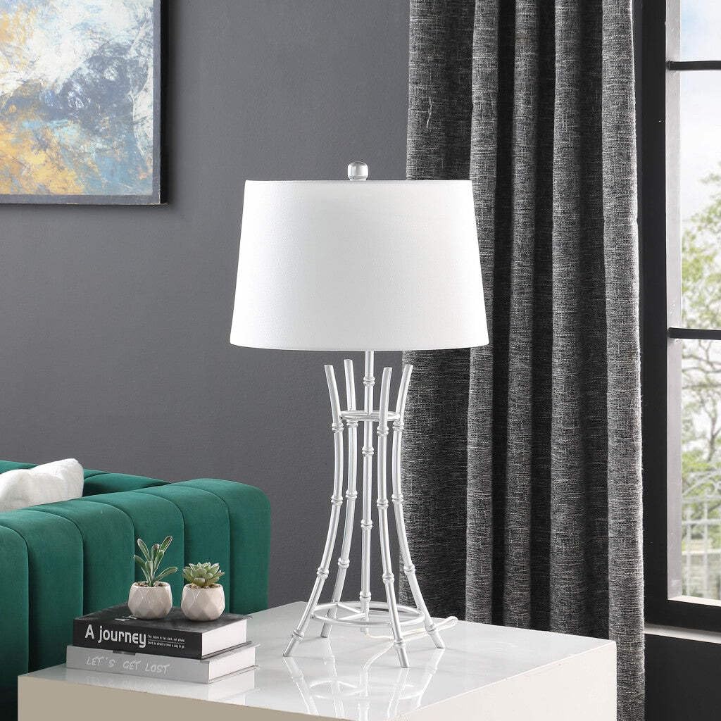 HomeRoots Table Lamp Silver Bamboo Design Off White Drum Shade 29.25inx16inx16in Model 524250