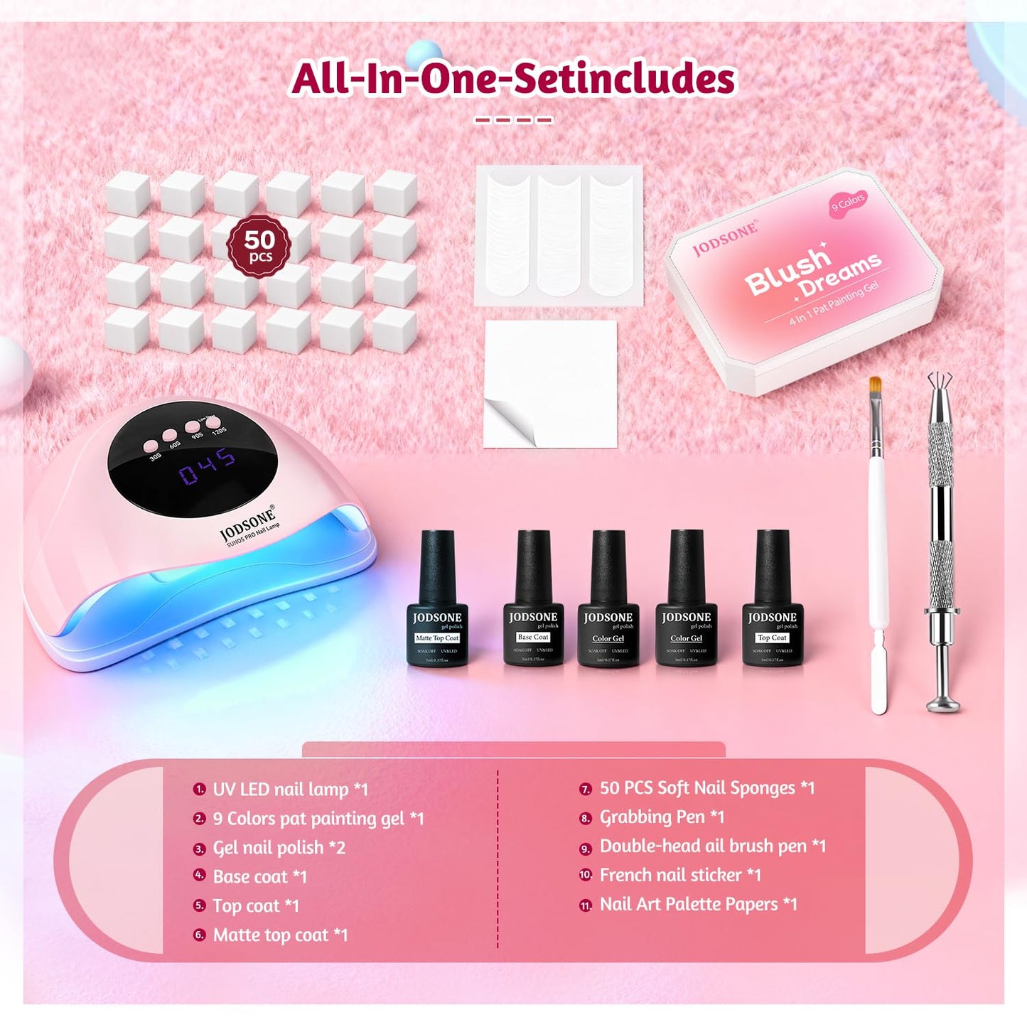 JODSONE 9 Colors Gradient Sponge Pat Paint Nail Gel Kit with U V Nail Lamp with 50 PCS Nail Sponges and Grabbing Pen