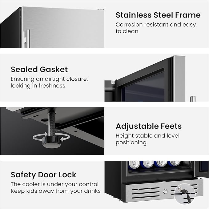Yeego 15 inch Beverage Refrigerator,100 Cans Beverage Fridge with Lock & Auto Defrost, Stainless Steel Indoor/Outdoor Refrigerator Freestanding or Under Counter Beverage Cooler for Soda, Beer, Wine