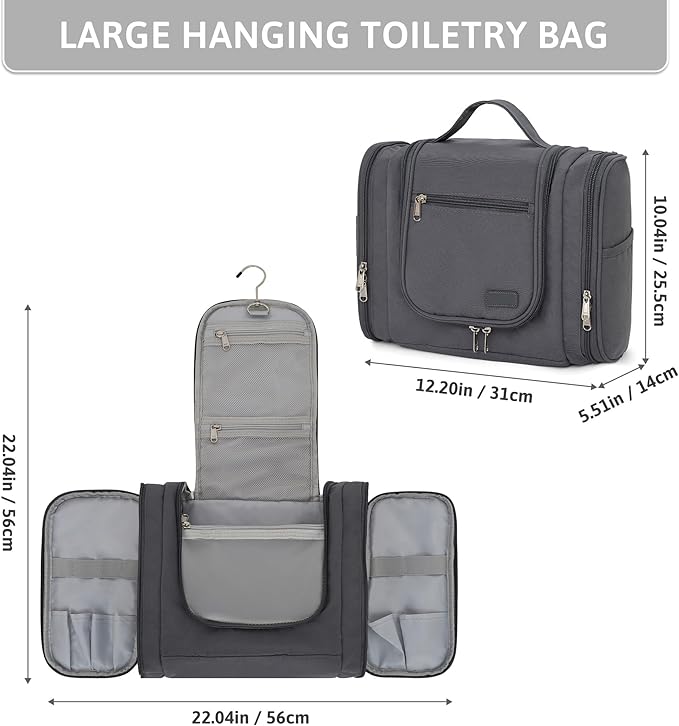 Pearl Angeli Hanging Toiletry Bag for Women, Large Makeup Cosmetic Bag, Water Resistant Toiletries Travel Essentials Organizer, Full-size Container, Grey