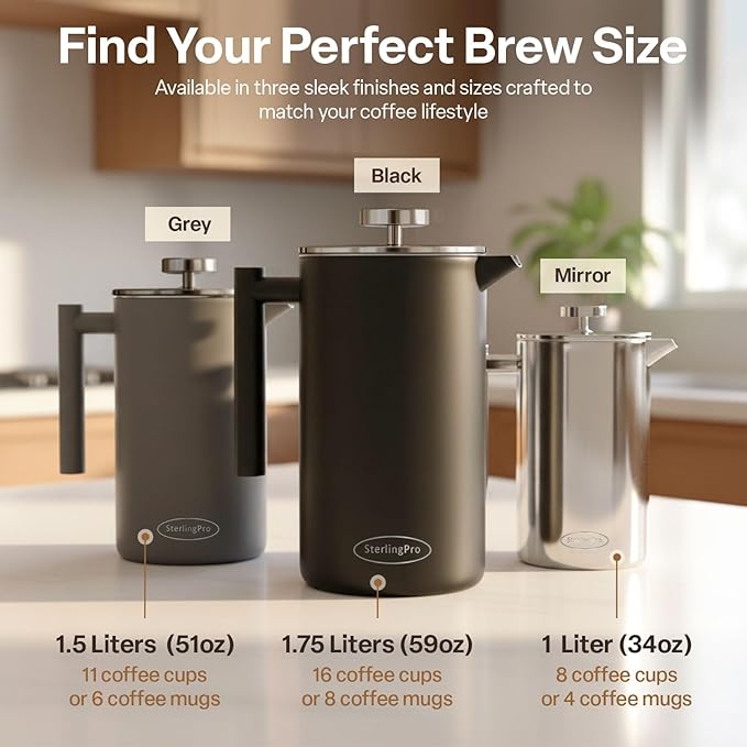 Stainless Steel French Press Coffee Maker Large 1.5 L(51 oz) Mirror – Durable Double Walled Insulated Coffee Press Keeps Drinks Hot, Easy to Use and Clean Stylish Design for Rich Flavor
